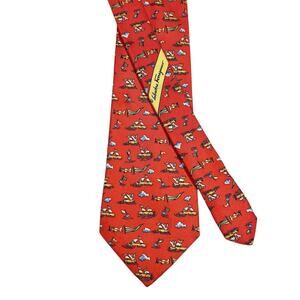 VTG Salvatore Ferragamo Coral Orange Pelican Ocean Scene Print Silk Tie Italy